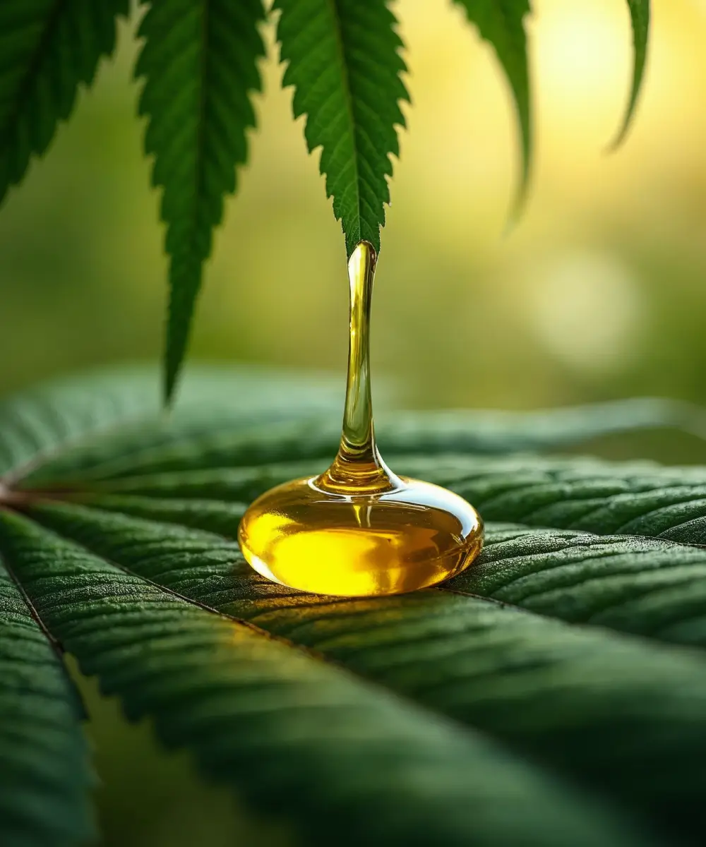 Drop of Pure Hemp oil on hemp leaf